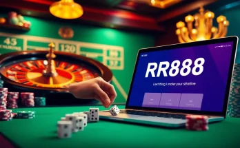 Gambling scene featuring a vibrant casino table with the rr88 link displayed on a device, showcasing excitement and professionalism.