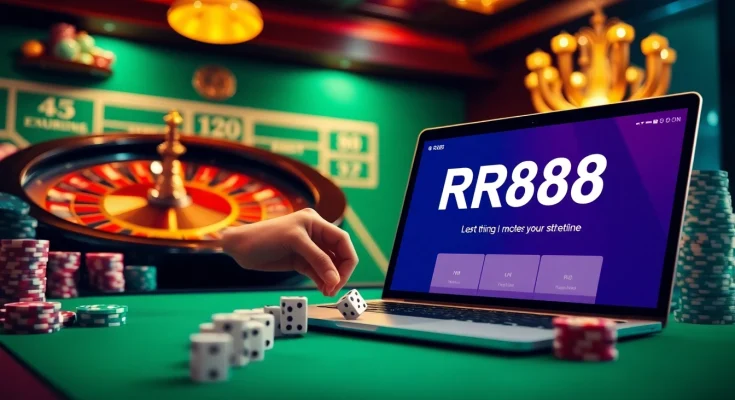 Gambling scene featuring a vibrant casino table with the rr88 link displayed on a device, showcasing excitement and professionalism.