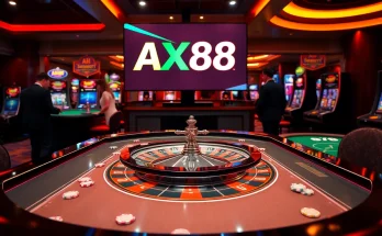 Engage in high-stakes gaming at AX88 with an exciting casino scene filled with roulette wheels and poker chips.