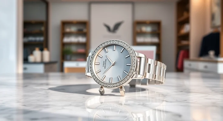 Admire the craftsmanship of a Ladies Classic Smart Watch styled luxuriously on a marble countertop.