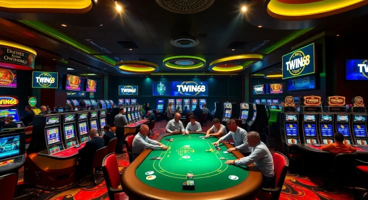 Experience TWIN68 in a vibrant casino scene with poker tables and slot machines.