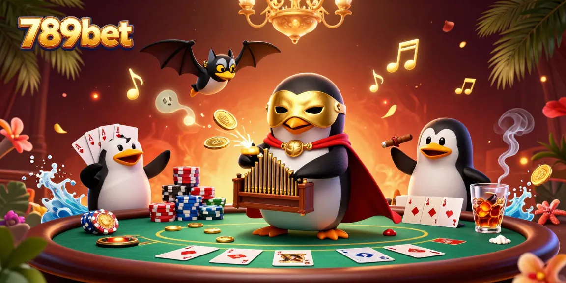 Engage with 789bet's thrilling casino scene featuring a playful penguin and exciting gaming elements.