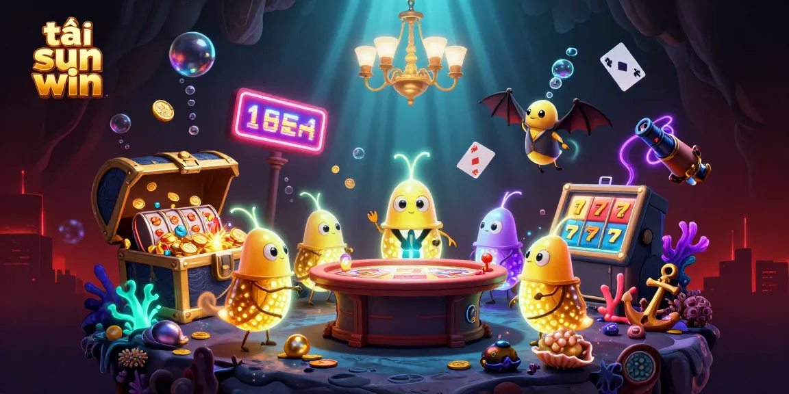 Tải sun win with vibrant glowworms illuminating a cave casino environment filled with slot machines and treasure.