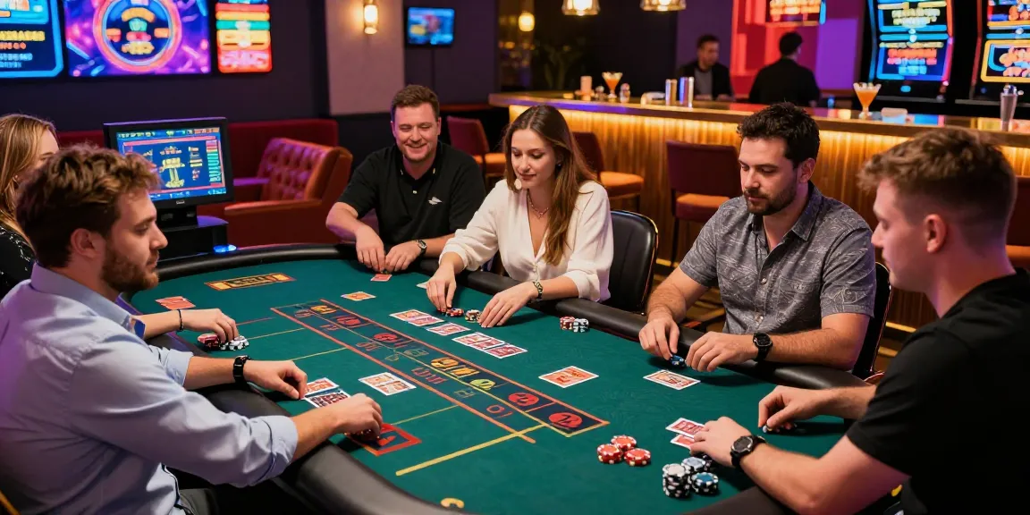 Interactive gaming table at non UK casinos with diverse players engaged in live dealer games.