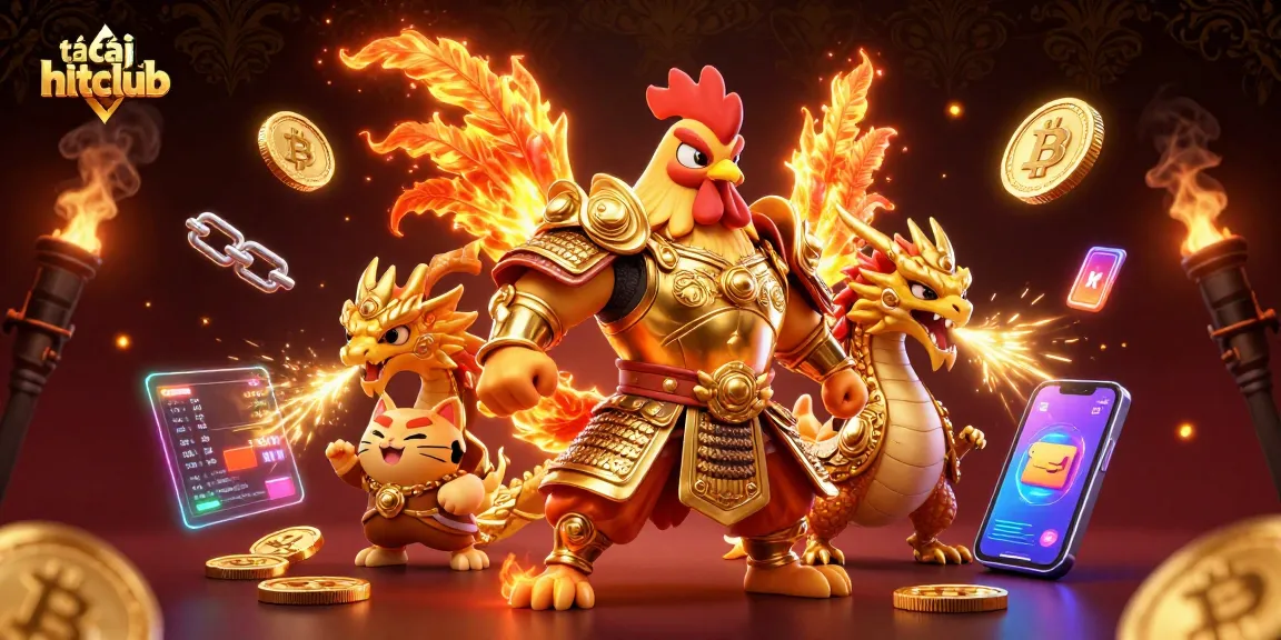 Experience the thrill of tải hitclub with a vibrant 3D casino scene featuring a fighting rooster warrior.